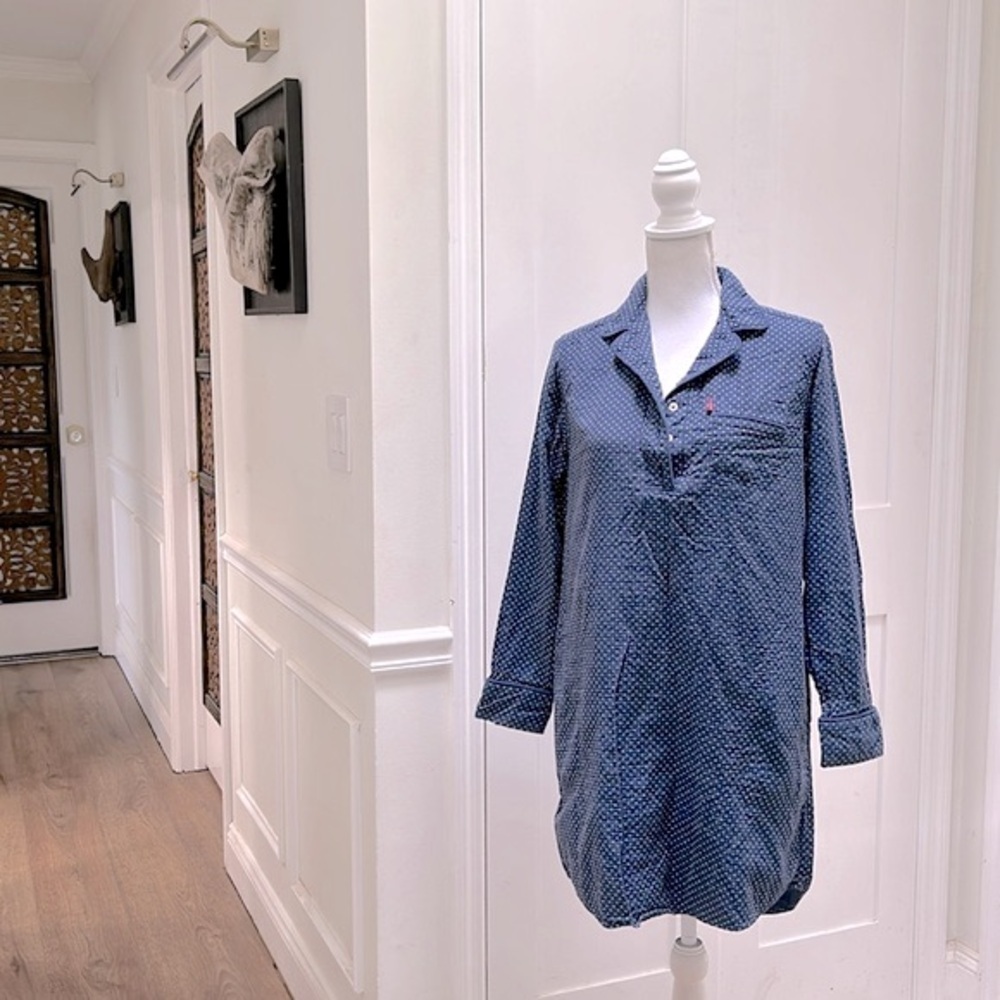 Levis Womens Cotton Shirt Dress M Blue White Polka Dot Collared Chambray Casual